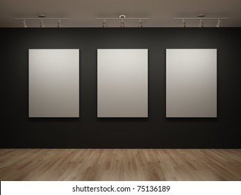 Three White Canvas On A Black Wall In The Gallery