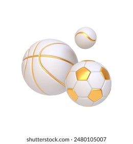 Three white and gold sports balls, including a basketball, soccer ball, and tennis ball, representing elegance in sports. 3D render illustration - Powered by Shutterstock