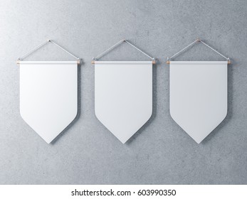 Three White Pennants Hanging On A Concrete Wall, 3d Rendering