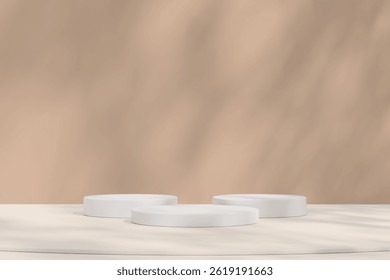 Three white podiums on a neutral beige table with a soft background, perfect for showcasing products with a clean design. 3d rendering.