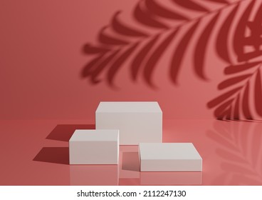 Three White Podiums Or Stands On Pastel Pink Background For Product Display. Minimalistic Muted Grapefruit Red Composition For Product Photography 3D Rendering Mockup.