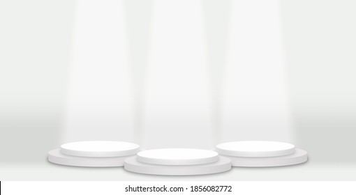 Three white round pedestal podiums and white beam.For place goods,cosmetics,cartoon model,design fashion,food,drink,fruit or technical tools.3D illustration.