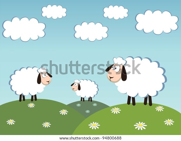 Three White Sheep Cloud On Sky Stock Illustration 94800688