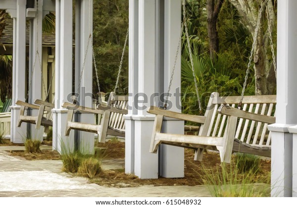 Three Wide Wooden Bench Swings Entrance Stock Illustration 615048932