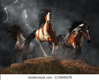 Three Wild Mustangs Gallop Through The Winds Of A Dark Storm. Lightning Strikes Behind Them And Drives These Mighty Horses Towards You As If The Sky Itself Wants You Ridden Down. 3D Rendering