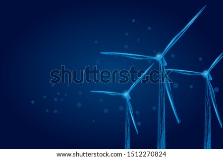 Three wind mills consisting of points, lines, and shapes. Wind turbines field. Renewable alternative sources of electric energy. Low poly wire frame illustration.