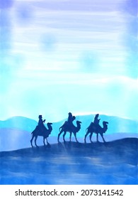 Three Wise Men In The Desert, Watercolor Painting Sketch. Greeting Card Background.