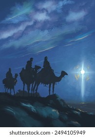 Three Wise Men or Magi looking over a hill towards Bethlehem, the bright star guiding them to the Child Jesus. Bible story illustration.