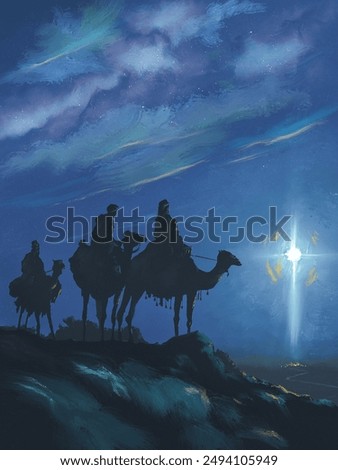 Three Wise Men or Magi looking over a hill towards Bethlehem, the bright star guiding them to the Child Jesus. Bible story illustration.