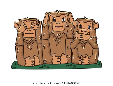 Three wise monkeys  Mystic apes  See no evil  hear no evil  speak no evil  Character illustration  Isolated white background  Raster version 