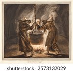 The Three Witches from Macbeth: Double, Double, Toil and Trouble. Vintage people drawing illustration, painting art print. Vintage style artwork of human people. Shakespeare