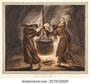 The Three Witches from Macbeth: Double, Double, Toil and Trouble. Vintage people drawing illustration, painting art print. Vintage style artwork of human people. Shakespeare's witches.