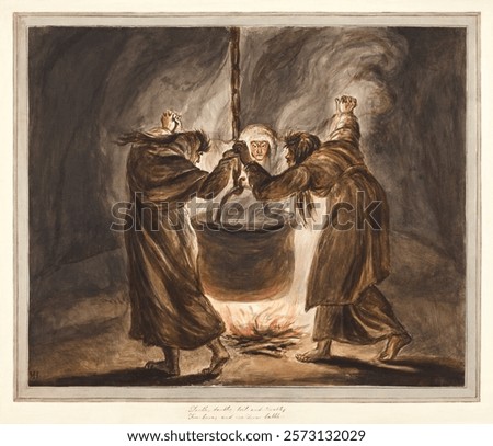 The Three Witches from Macbeth: Double, Double, Toil and Trouble. Vintage people drawing illustration, painting art print. Vintage style artwork of human people. Shakespeare's witches.