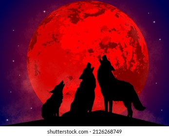 Three Wolves Howling At Red Moon