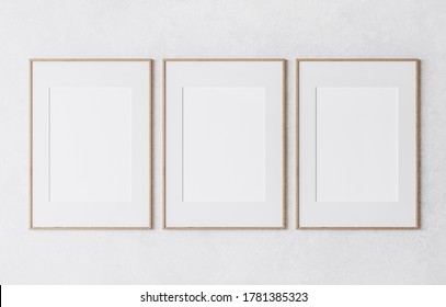 three wooden frame on white wall, frame mockup, 3d render, 3d illustration