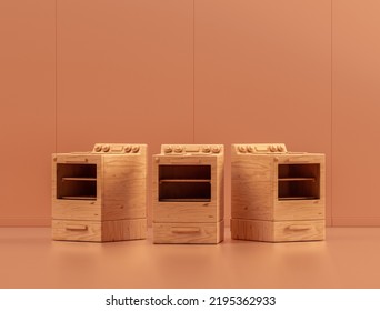 Three Wooden Ovens In Single Color Interior Room, 3d Rendering, No People