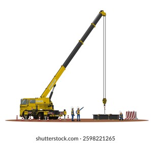Three workers are working with the mobile crane on white background