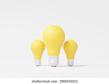 Three yellow light bulb on soft white background. competition combine the brain idea teamwork concept , invention, copy space, isolated. 3d render illustration