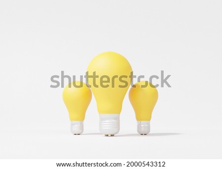 Three yellow light bulb on soft white background. competition combine the brain idea teamwork concept , invention, copy space, isolated. 3d render illustration