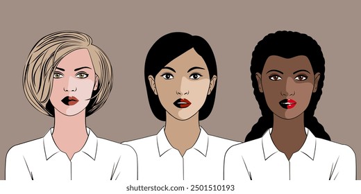 Three young beautiful women of different nationalities in white shirts. The theme of feminism, diversity, friendship, harmony.  - Powered by Shutterstock