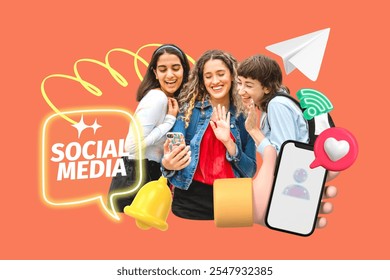 Three young diverse women enjoying social media on a smartphone. Social media icons surround them, highlighting their excitement and engagement with social media. - Powered by Shutterstock