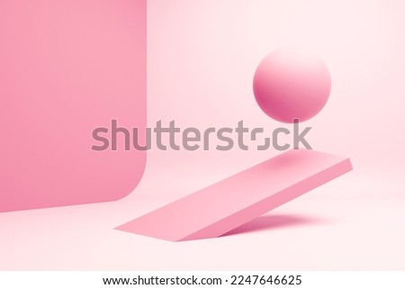 Three-dimensional abstract composition of pink sphere rolling up a pink slope on pink background