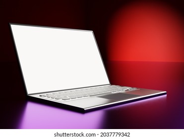 Three-dimensional Laptop With White Screen. Laptop In Neon Light. Opened Laptop With Blank Screen. Computer Design For Software Demonstration. Layout For Software Demonstration. 3d Illustration