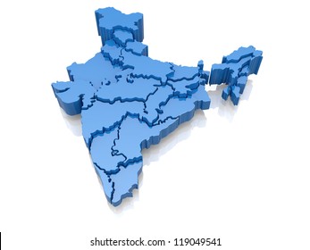 Three-dimensional map of India on white background. 3d