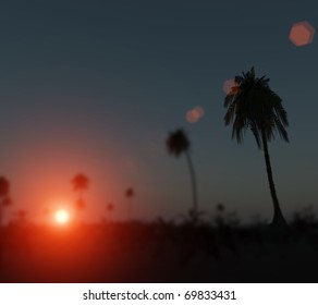 three-dimensional, palm trees at sunset