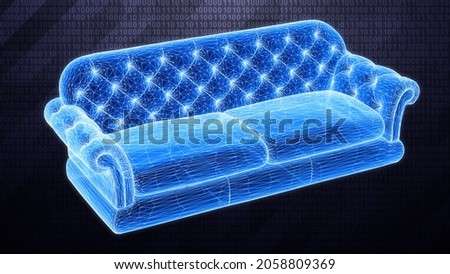 Three-dimensional sofa isolated on dark hi-tech background in binary cyberspace. 3D illustration.
