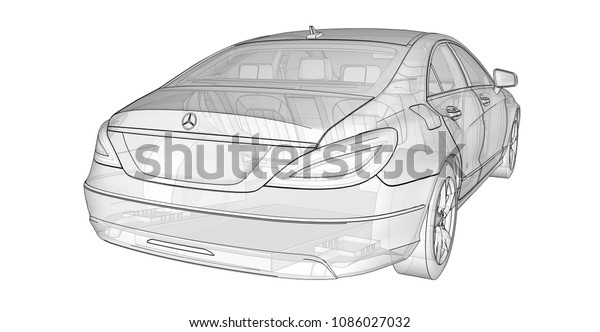 Three-dimensional, transparent\
illustration with contour lines of Mercedes Benz CLS coupe. 3d\
rendering.