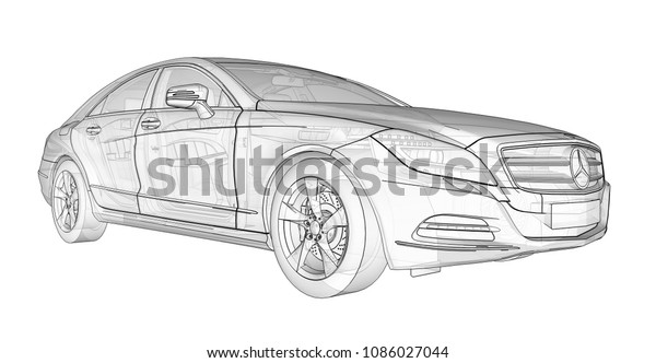 Three-dimensional, transparent
illustration with contour lines of Mercedes Benz CLS coupe. 3d
rendering.
