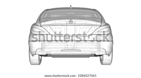 Three-dimensional, transparent\
illustration with contour lines of Mercedes Benz CLS coupe. 3d\
rendering.