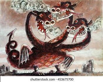 three-headed dragon serpent-dragon,a terrible monster,watercolor,illustration