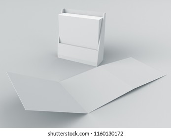 Three-Leaf Brochure Leaflet With Box Container. 3D rendering