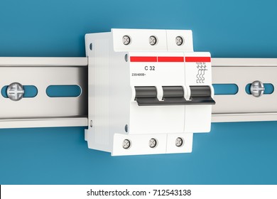 Three-pole Miniature Circuit Breaker On The Wall, 3D Rendering