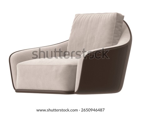 Three-quarter angle view of a modern two-tone armchair with beige fabric and brown leather exterior, isolated on a grey background.
