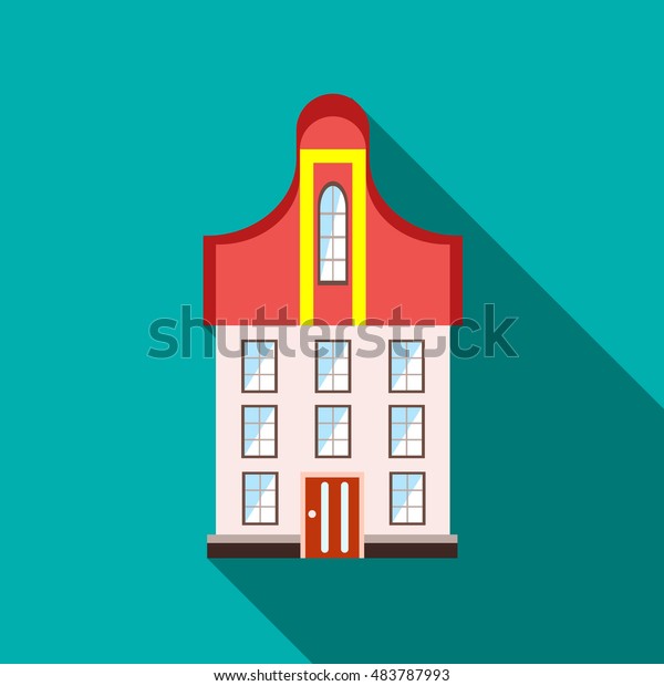 A three-story building icon in flat style with\
long shadow