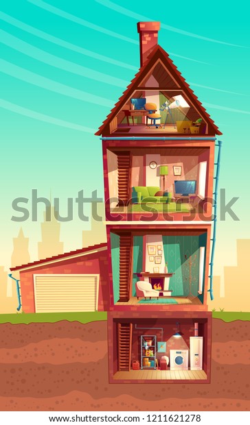  three-story house interior in cross section\
with basement and garage. Cartoon multistorey private building.\
Attic, furniture in living room, sofa, TV, laundry in cellar.\
Architecture background