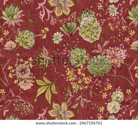 three-tone abstract small flower with solid leaves arrangement with medium color, all over vector design with full pattern illustration digital image for textile printing factory
