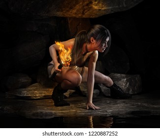 Thrill Seeking Female Exploring Alone Deep Into A Forgotten Ancient Cave In Search Of Adventure And Treasure. 3d Rendering