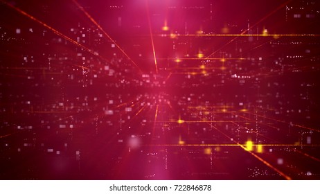 Thrilling 3d Illustration Of An Advanced Technology Cyberspace Channel Through A Time Portal With A Network Of Squares. The Background Is Purple. It Has A Lot Of Shimmering Spotlights And Rays.