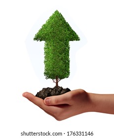 Thriving opportunity business success concept as a human hand holding an upward growing arrow tree  in soil as a metaphor for future wealth and prosperity growth on a white background.