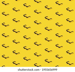 Thug life meme glasses pixel art 3d pattern. Isometric view of pixel art glasses, 3D rendered minimalistic pattern with yellow background. Web banner with copy space. 3D rendering.