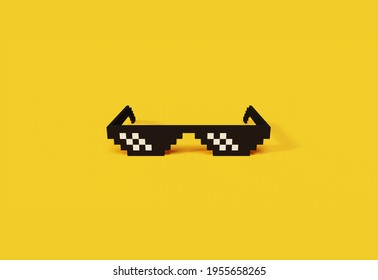 Thug life meme glasses pixel art modern iconic 3d object. Front view of pixel art glasses, 3D rendering minimalistic object on yellow background. Web banner with copy space.