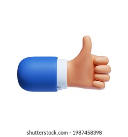 Thumb Up Icon. Cartoon Character Hand Like Gesture. Business Clip Art Isolated On White Background. Approval Concept. 3d Illustration.