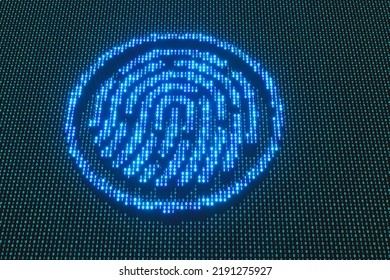 Thumb Icon On Neon Glowing Binary Number Background. 3D Illustration Of Digital Fingerprint Or Footprint, Browser Cookie Tracking And Online Data Privacy