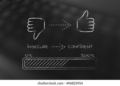 thumbs down to thumbs up, progress bar illustration on becoming positive