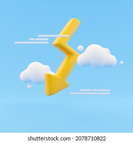 Thunder Symbol with cloud cartoon style icon in 3D rendering. Thunder symbol iocn with cloud on blue background icon 3d render illustration.