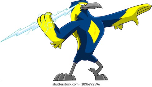 Thunderbird Bird Cute Cartoon Character Holding A Big Тhunderbolt  Raster Illustration Isolated On White Background